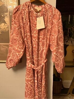 Ex Voto “Greta” 100% cotton Block Print Dress With Pockets and Belt- medium